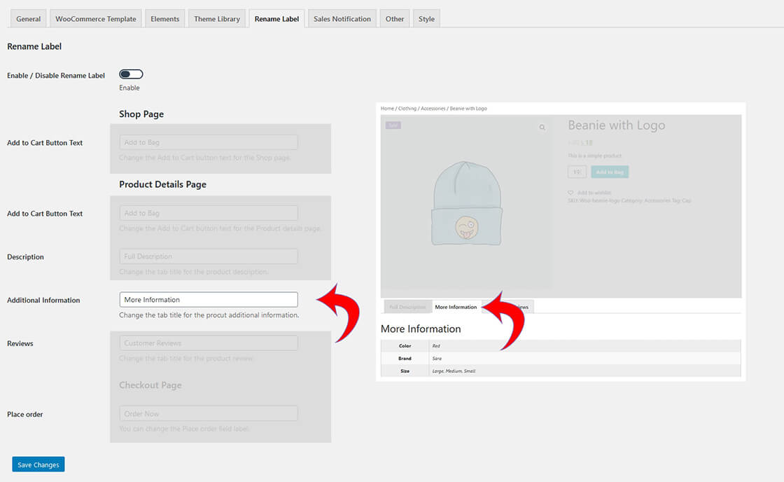 Product additional information tab title on the product details page